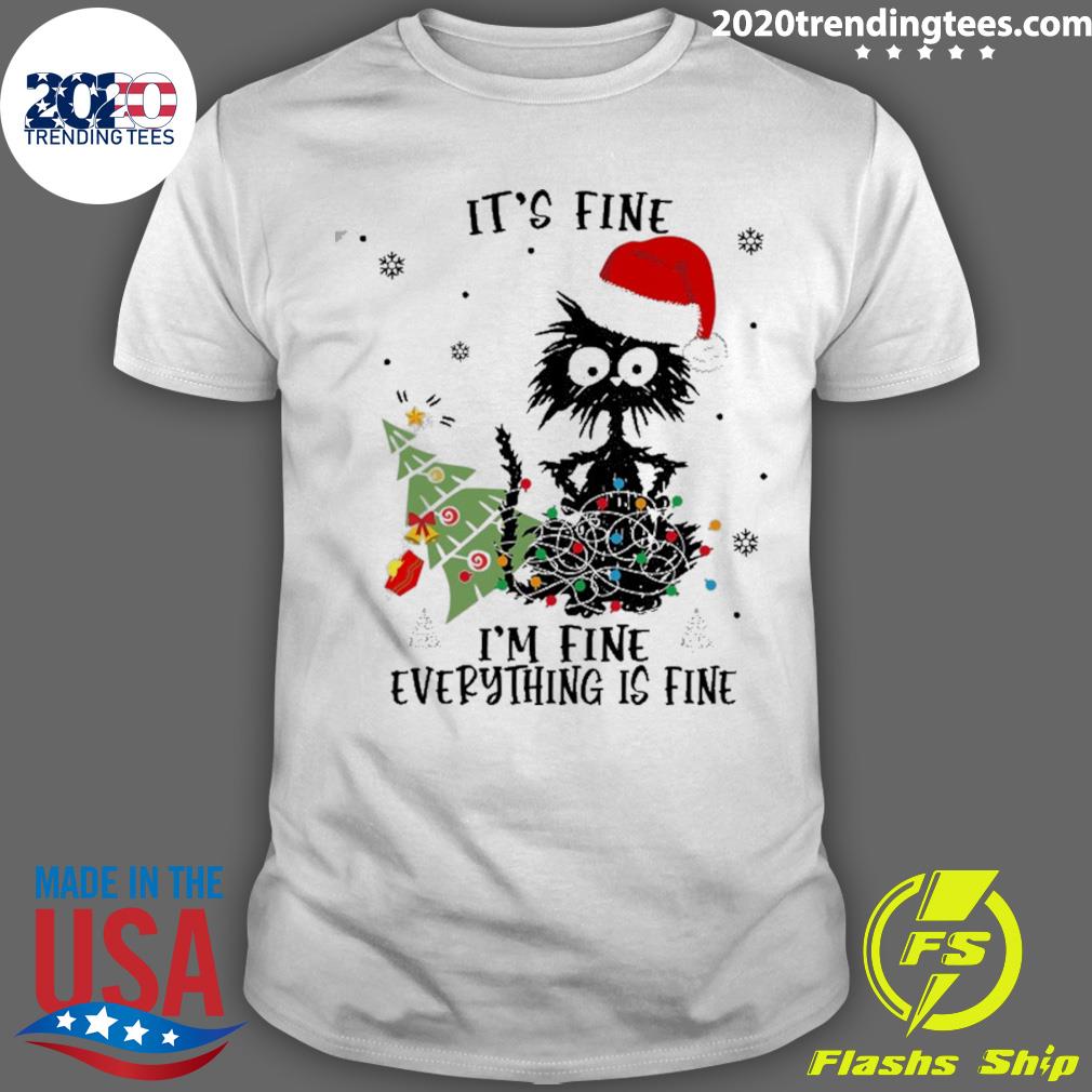 Official it’s Fine Everything Is Fine Christmas Light Black Cat T-shirt