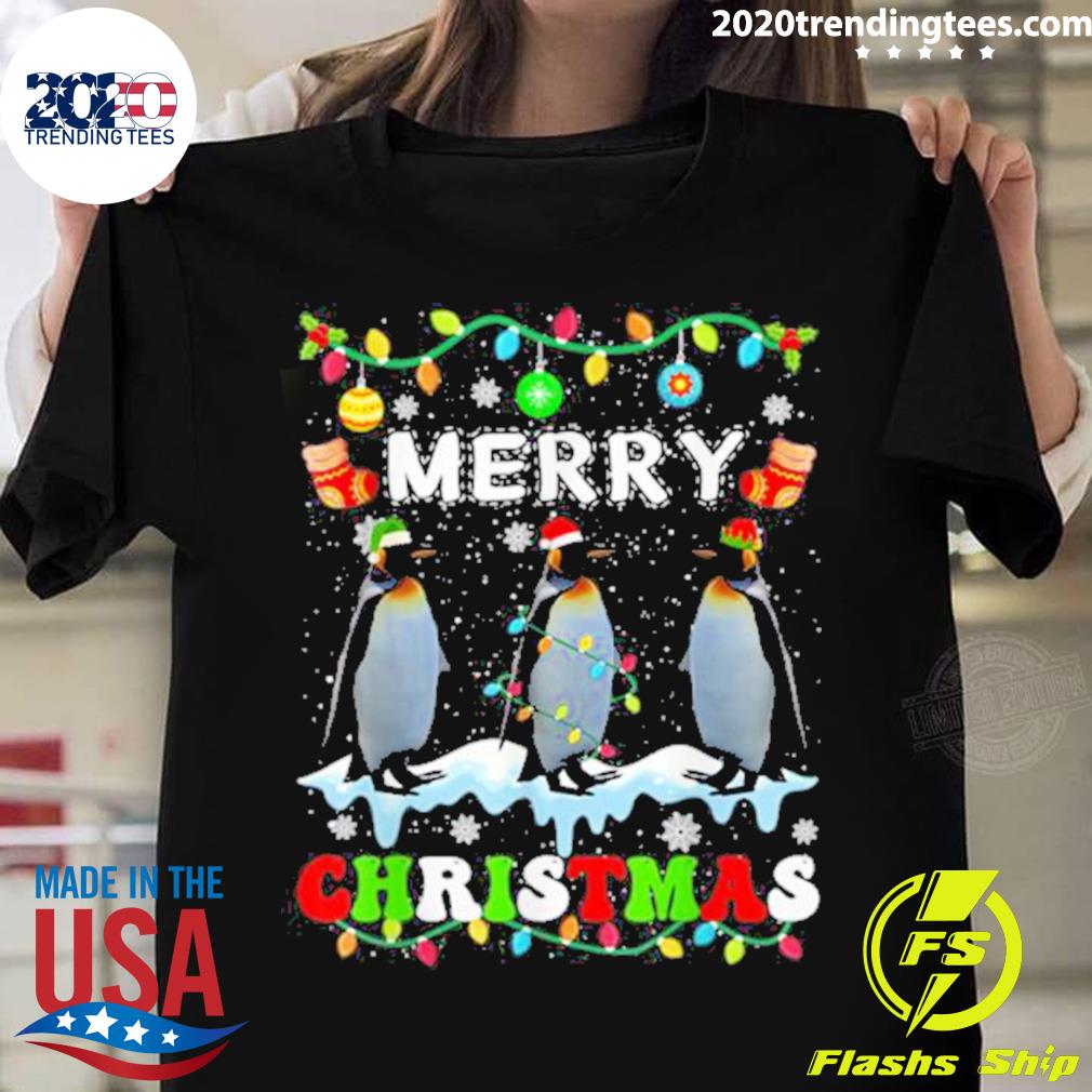 Official merry Christmas Penguin Santa Hat Lights Xmas Kids Men Women T-shirt