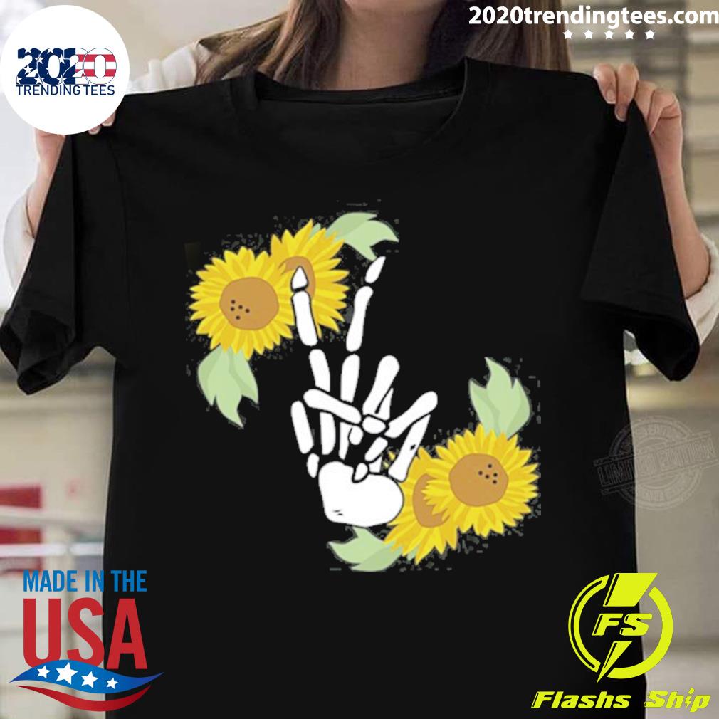 Official skeleton Hand Peace Sign Bones Sunflower T-shirt