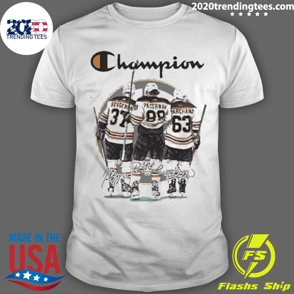 Official original Champion Boston Bruins 37 Bergeron 88 Pastrnak And 63 Marchand Signatures T-shirt