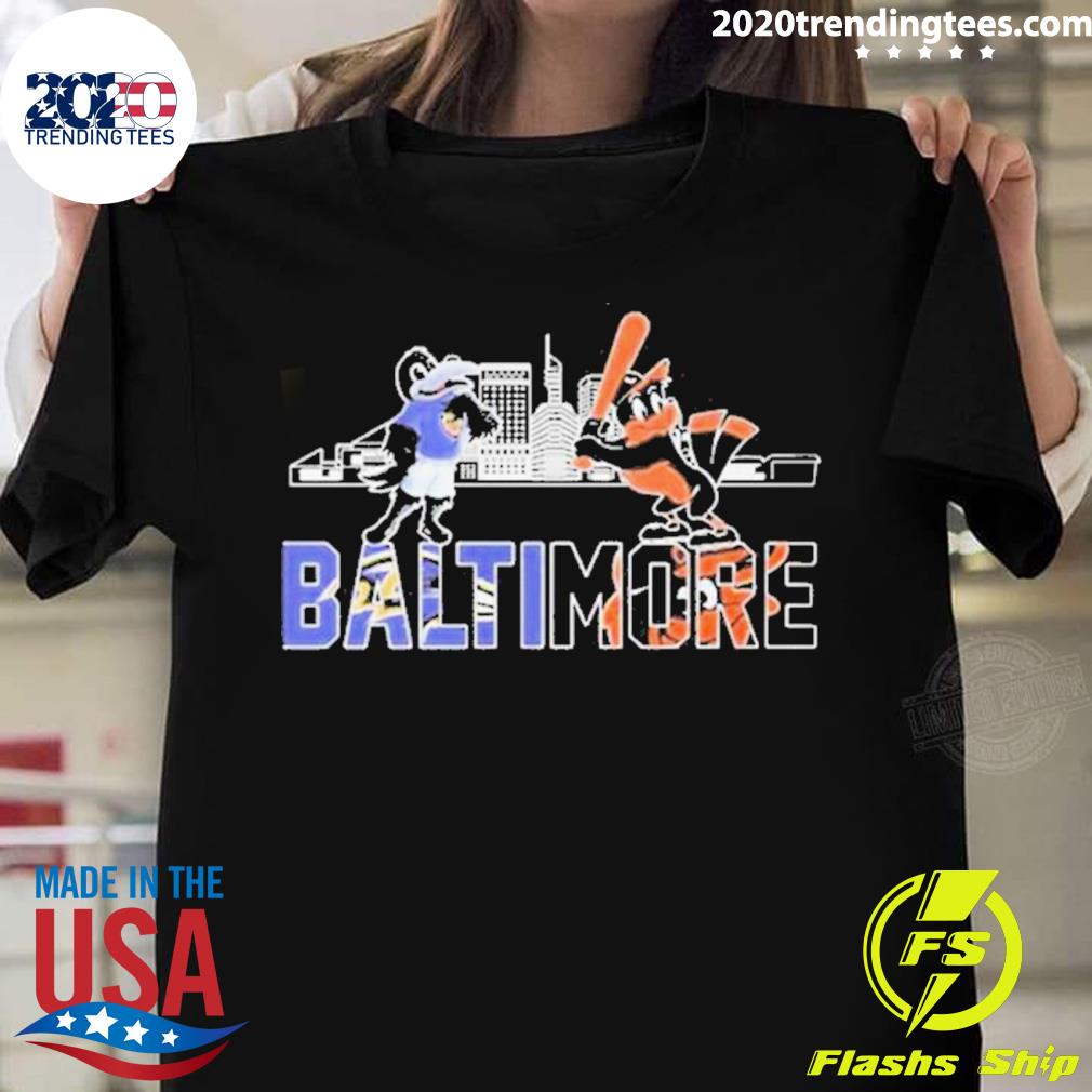 Official the Oriole Bird And Poe Mascots Baltimore Skyline Sports T-shirt
