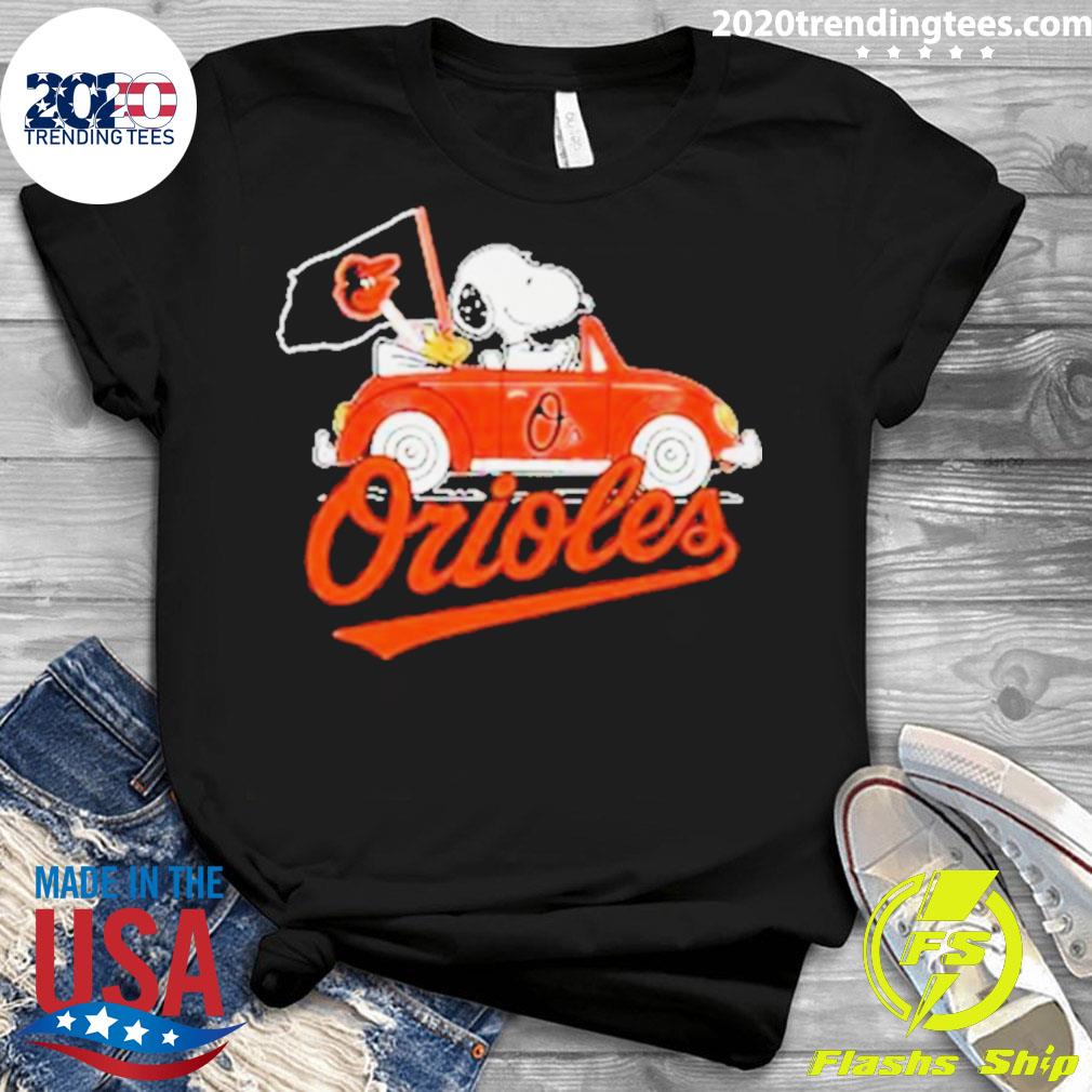 Snoopy Drives Car With Baltimore Orioles Flag Shirt