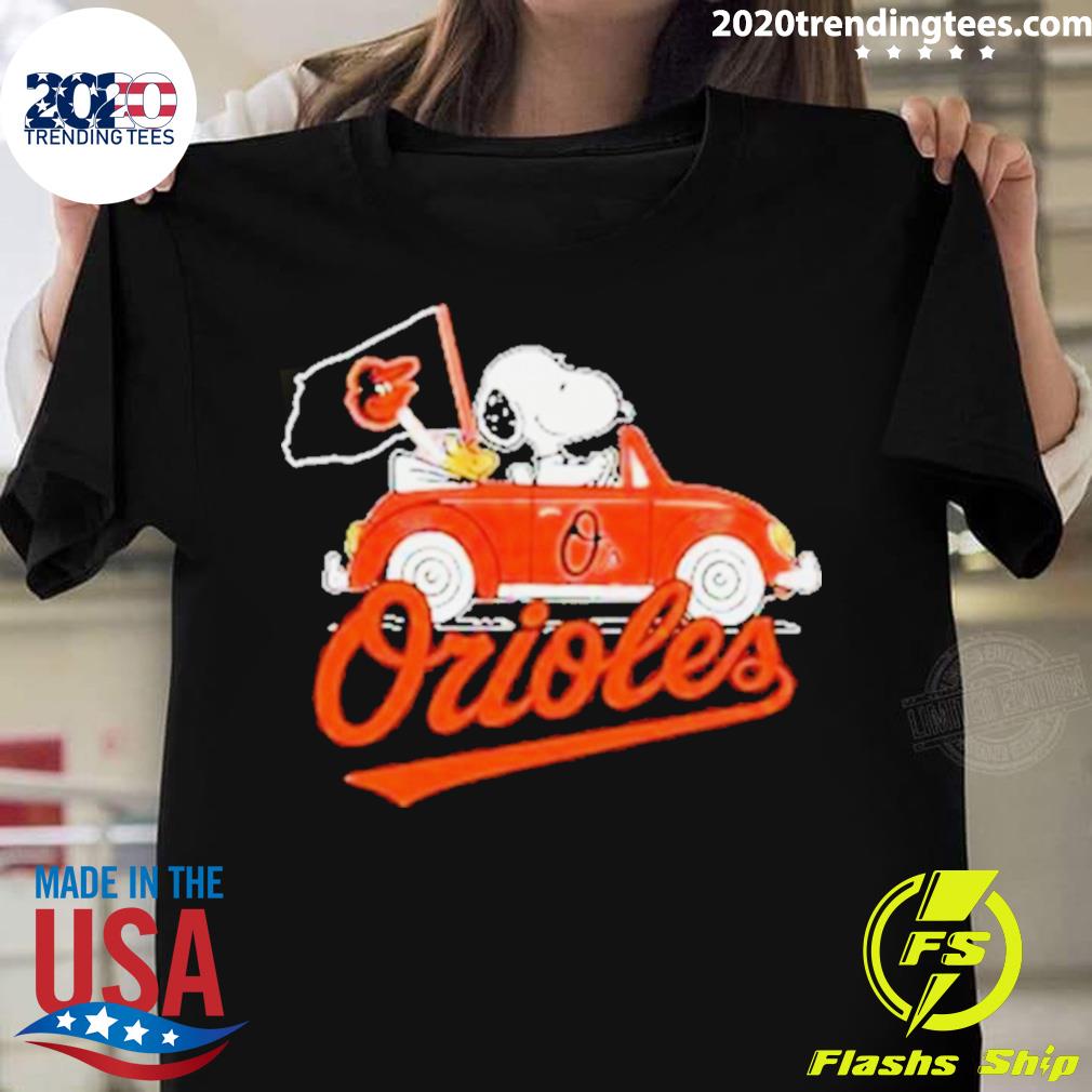 Snoopy Drives Car With Baltimore Orioles Flag Shirt