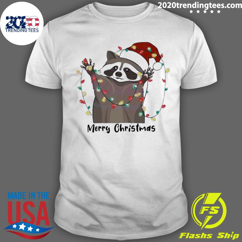 Official christmas Raccoon Funny Animal Light Santa Hat T-shirt