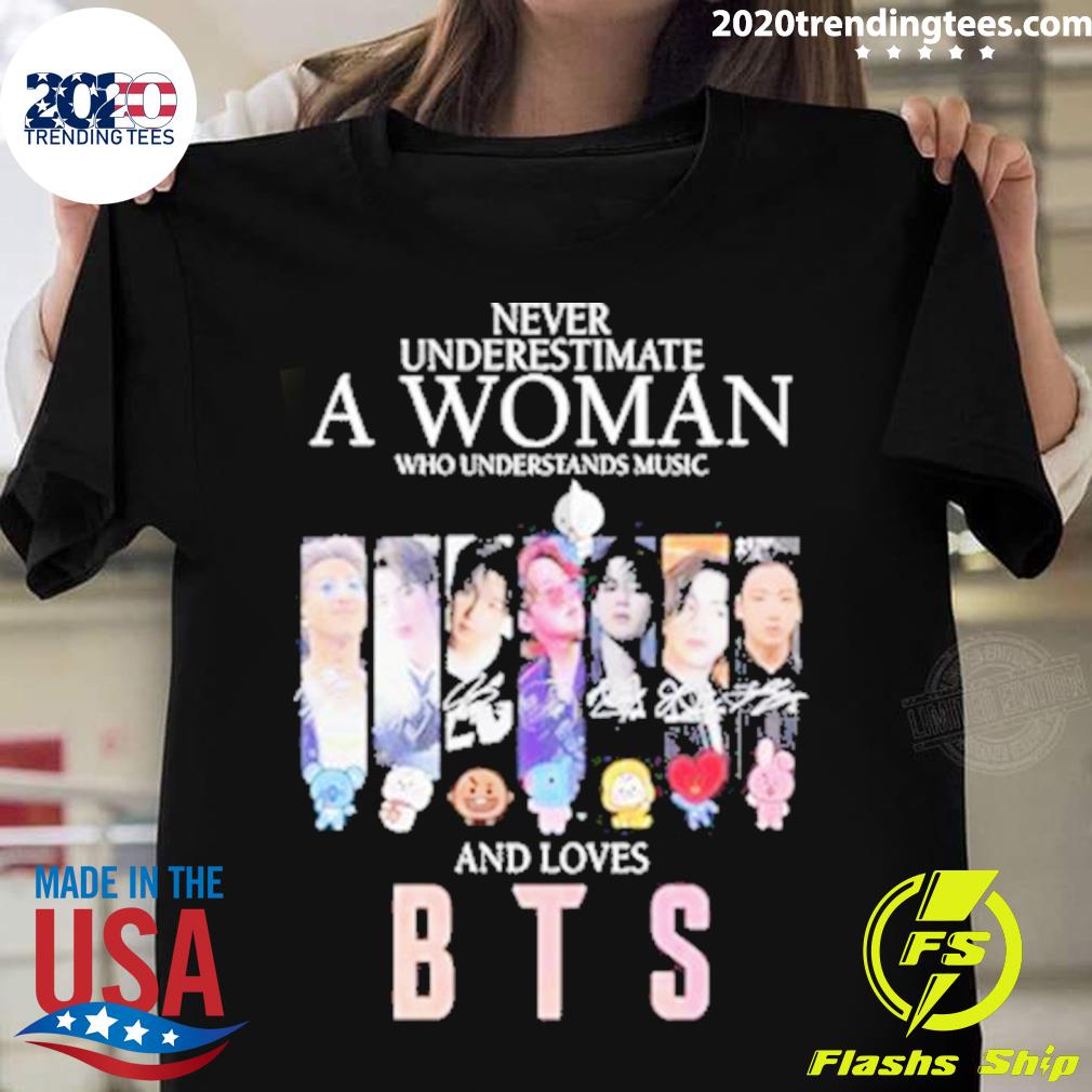 Official never Underestimate A Woman Who Understands Music And Loves Bts Signatures T-shirt