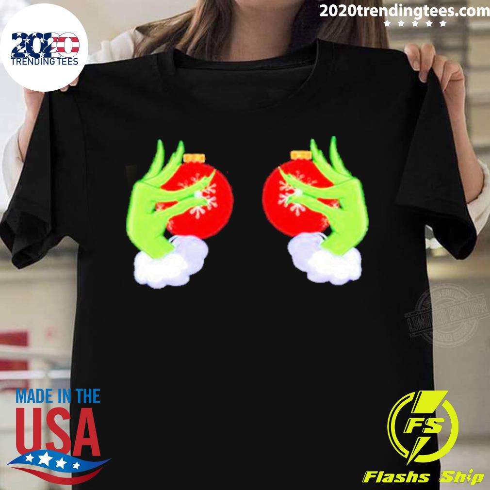 Official the Grinch Hand Holding Boobs Funny Christmas 2023 Holiday T-shirt  - 2020 Trending Tees