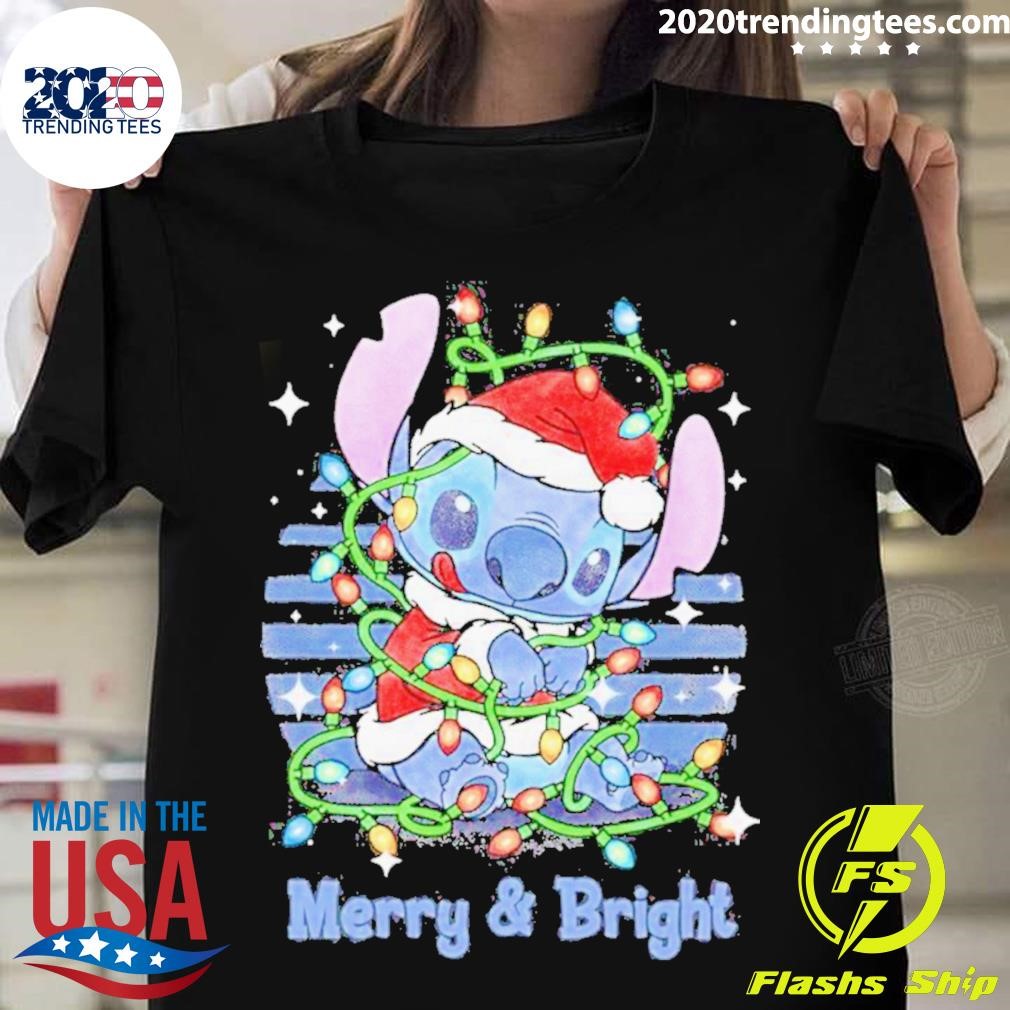 Awesome Baby Stitch Hat Santa Light Merry And Bright Christmas T-shirt
