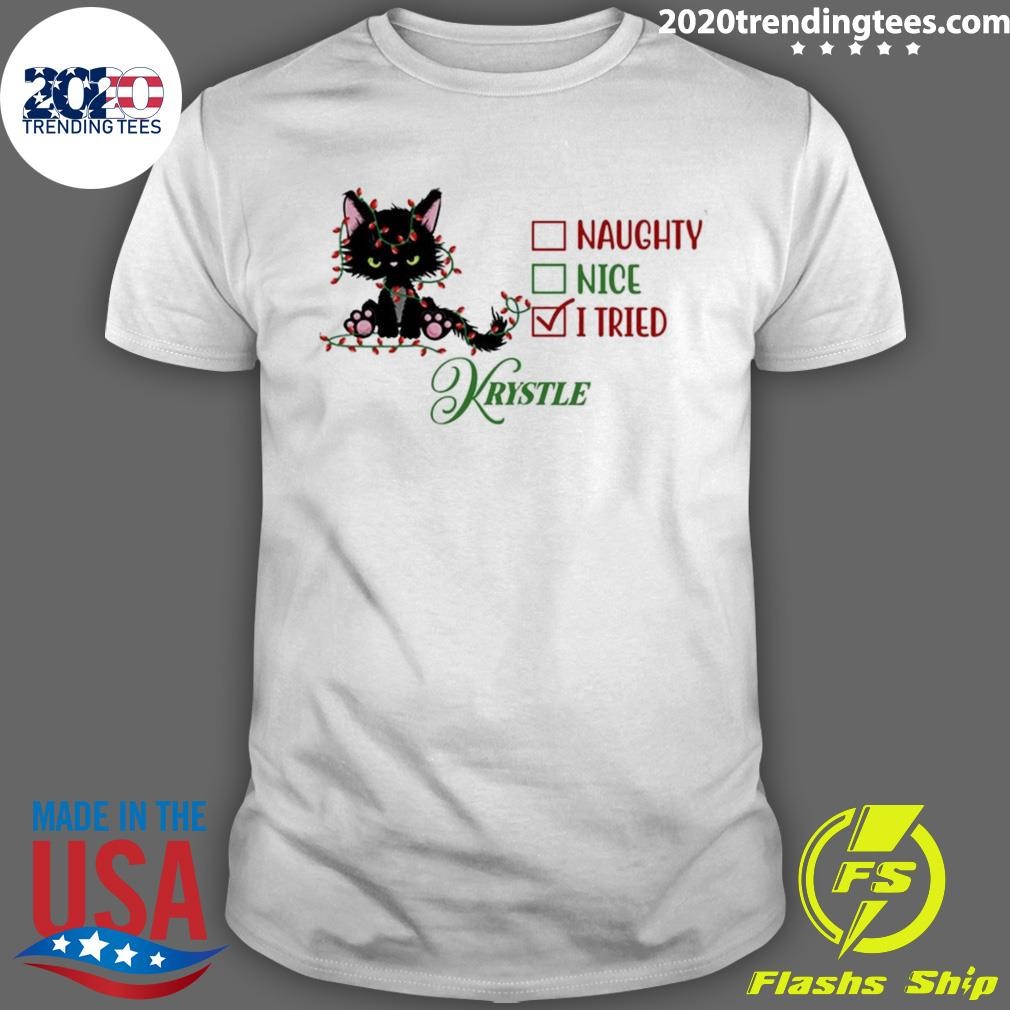 Awesome Black Cat In Christmas Lights Naughty Nice I Tried T-shirt