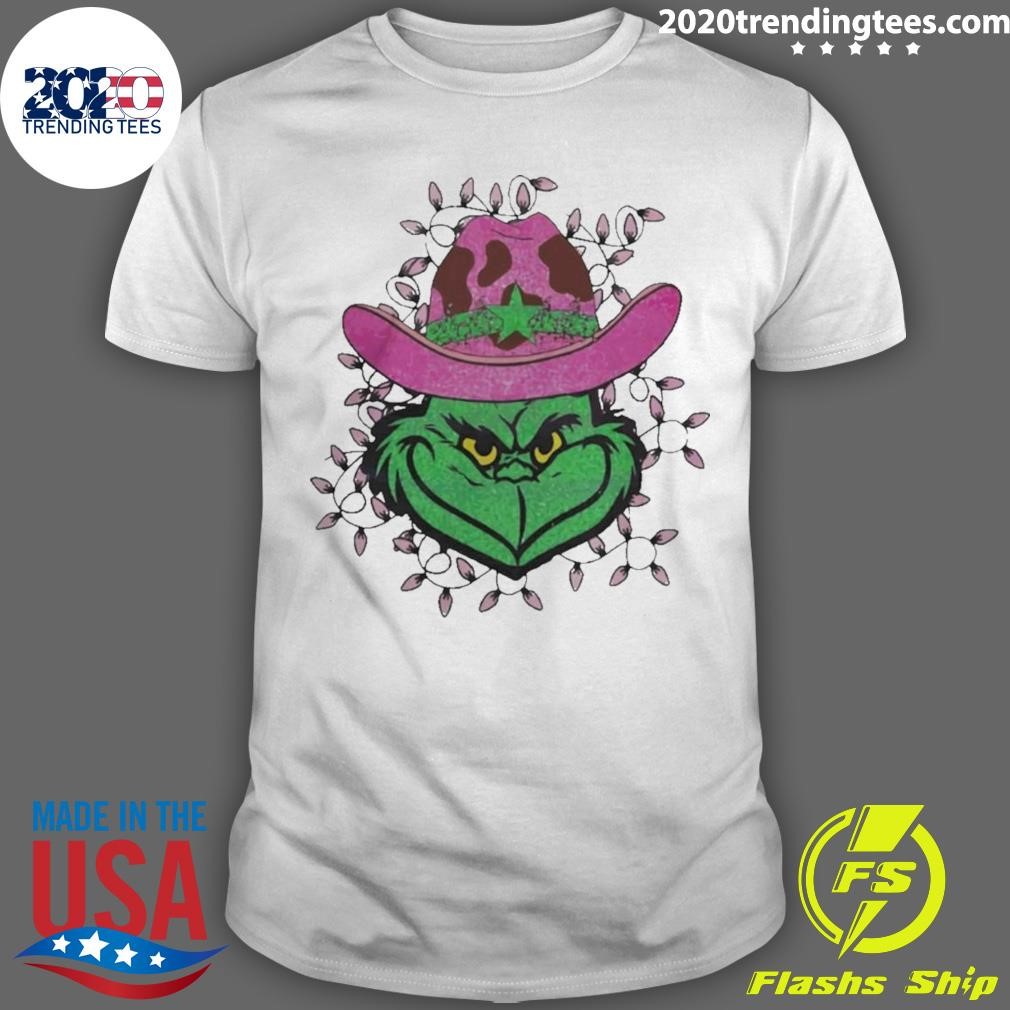 Awesome Howdy Grinch Guy Christmas Lights Cowboy Pink T-shirt
