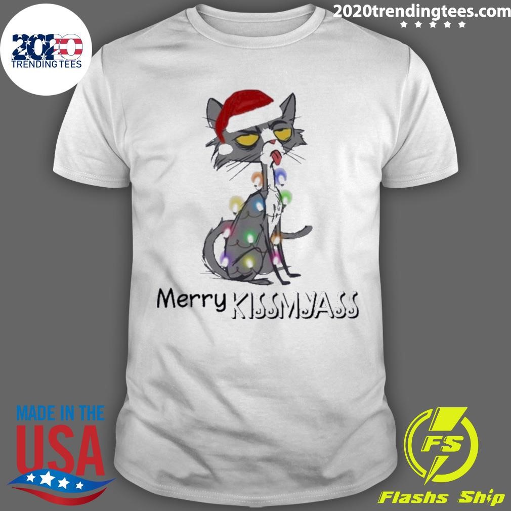 Awesome Merry Kissmyass Funny Black Cat Christmas T-shirt