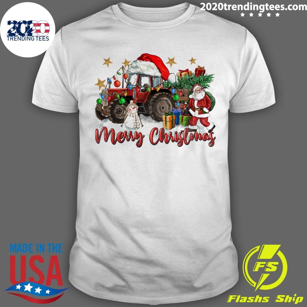 Best Christmas Tractor With Santa And Snowman Christmas T-shirt