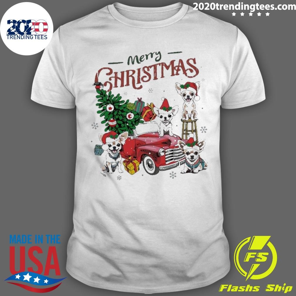 Chihuahua Santa Car Pine Tree Merry Christmas T-shirt