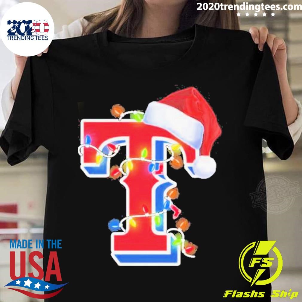 Christmas Texas Rangers Logo With Santas Hat And Christmas Light T-shirt