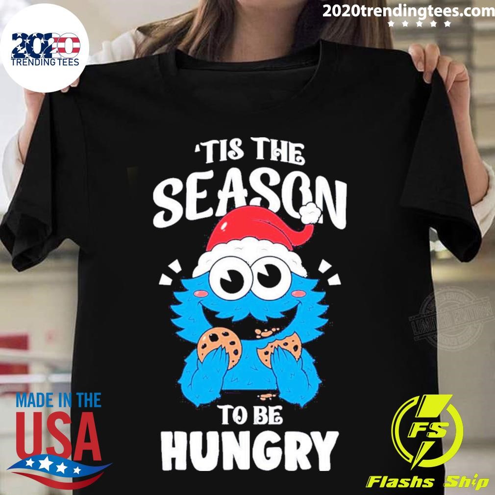 Cookie Monster Hat Santa Tis The Season To Be Hungry Christmas T-shirt
