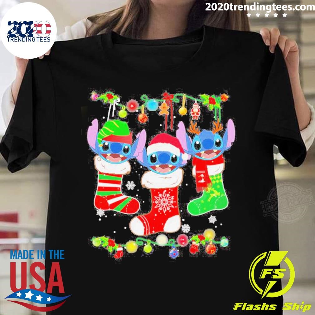 Disney Stitch On Socks Christmas T-shirt
