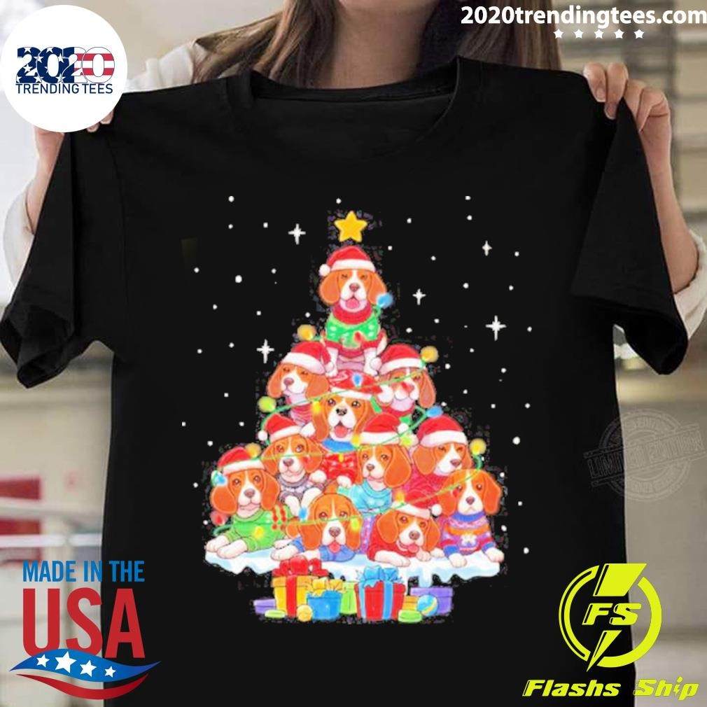 Dogs Beagle Santa Pine Tree Merry Christmas T-shirt