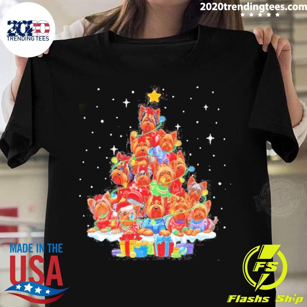 Dogs Yorkshire Santa Pine Tree Merry Christmas T-shirt