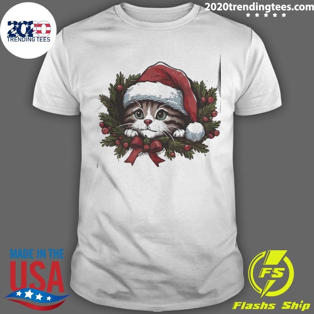 Funny Cat Hat Santa Flowers Merry Christmas T-shirt
