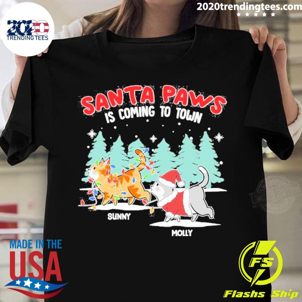 Funny Cats Hat Santa Light Santa Paws Is Coming To Town Sunny Molly Christmas T-shirt