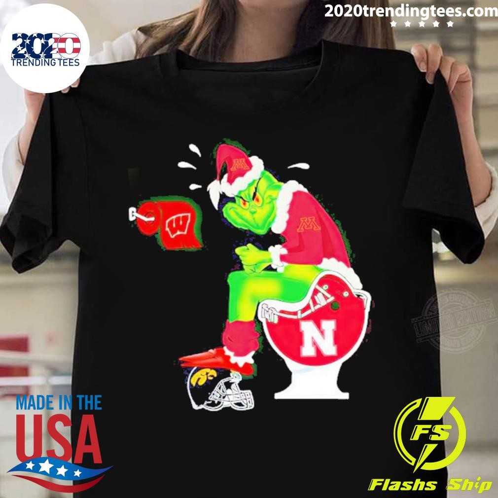 Grinch Minnesota Golden Gophers shit on Nebraska Huskers helmet toilet Christmas T-shirt