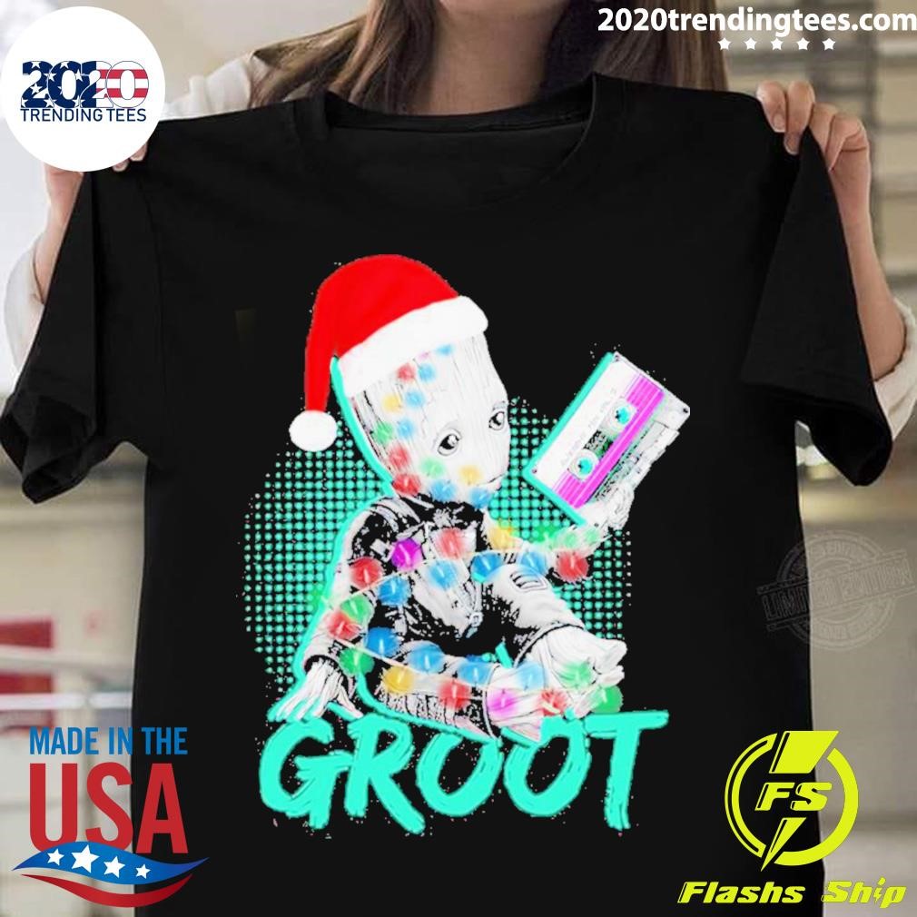 Groot Hat Santa Light Hug Cassette Tape Merry Christmas T-shirt