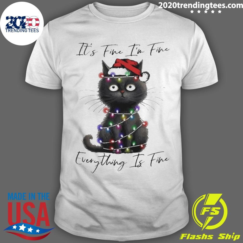 Original Cat Hat Santa It’s Fine I’m Fine Everything Is Fine Christmas T-shirt