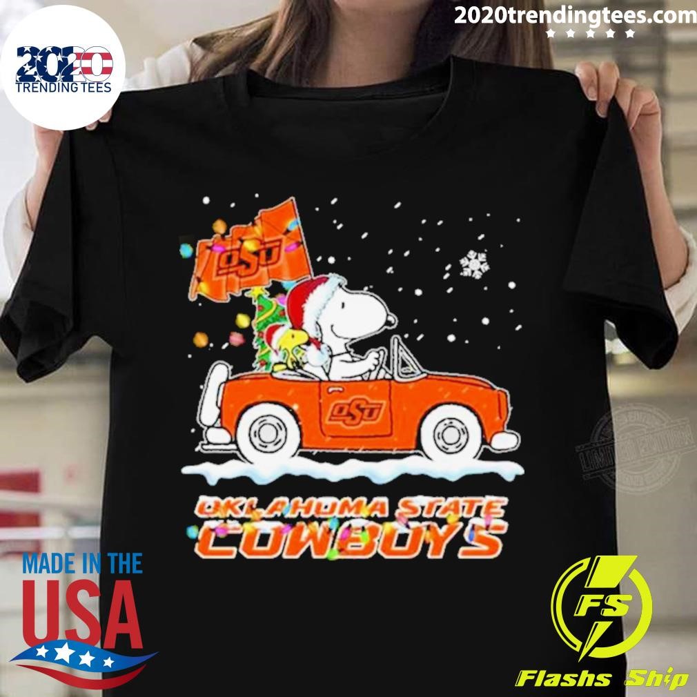 Original Santa Snoopy And Woodstock Driving Car Oklahoma State Cowboys T-shirt
