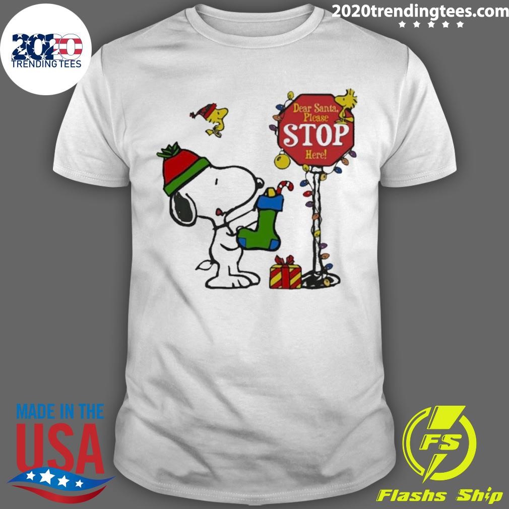 Original Snoopy And Woodstock Hat Santa Dear Santa Please Stop Here Christmas T-shirt