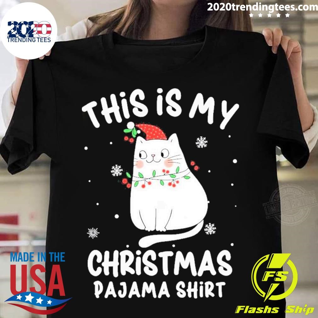 Original This Is My Christmas Pajama Cute Gift Cat Hat Santa Xmas T-shirt