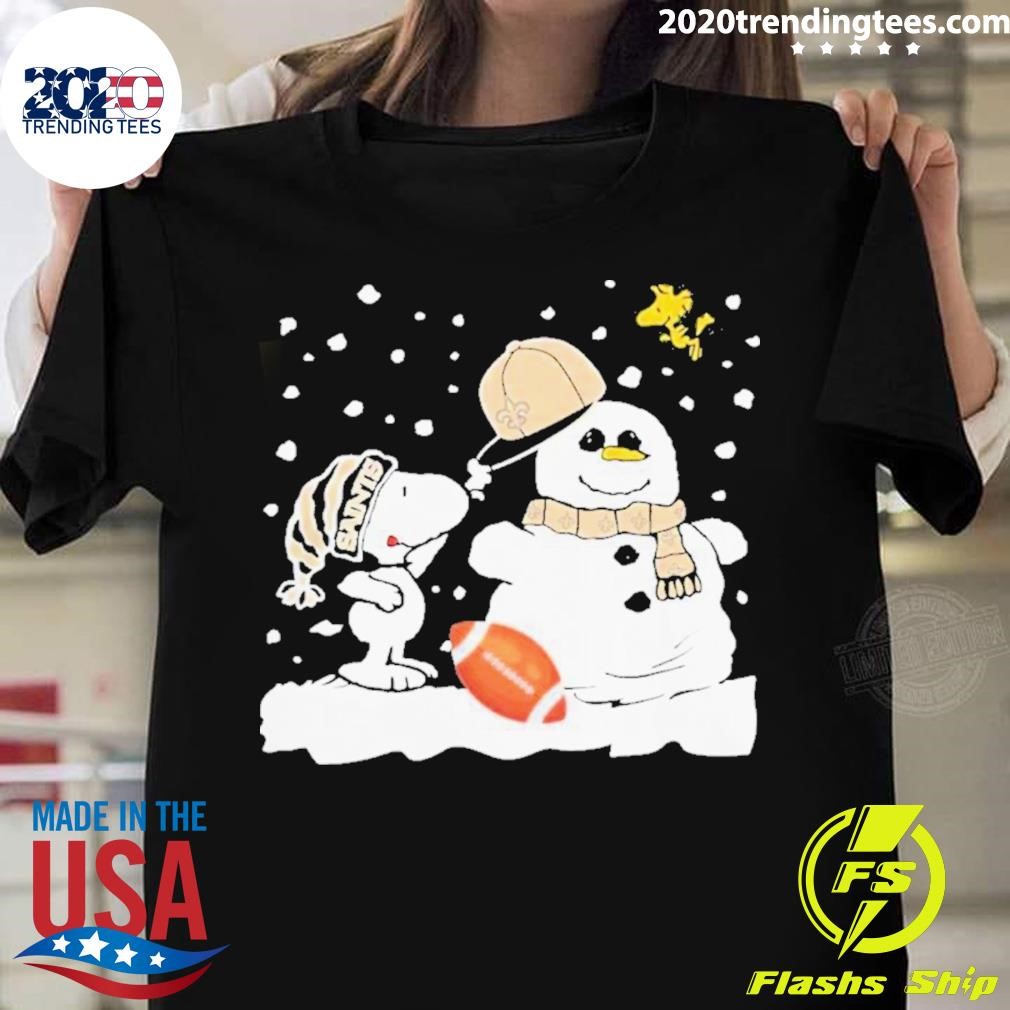 Peanuts Snoopy And Woodstock Snowman New Orleans Saints Christmas T-shirt