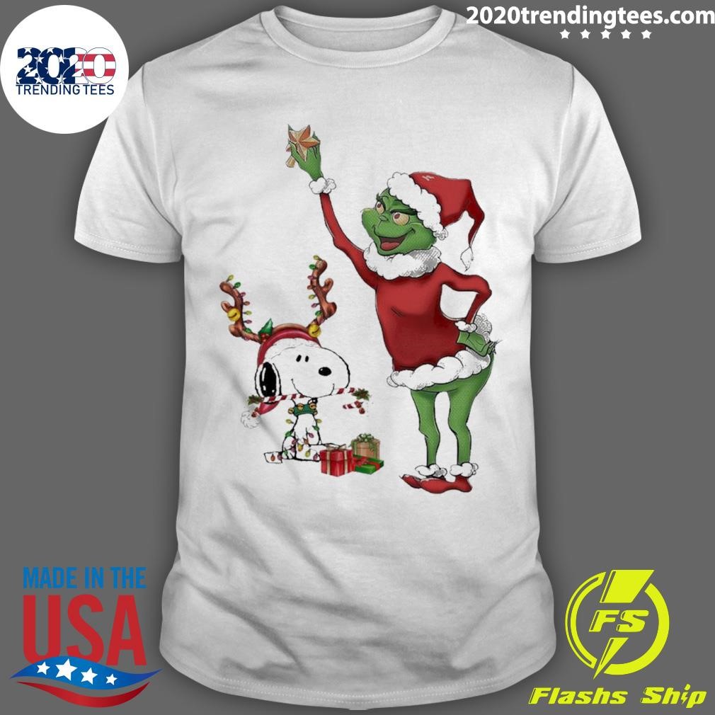 Premium Grinch Hat Santa And Snoopy Reindeer Merry Christmas T-shirt