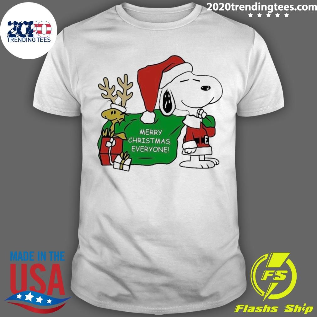 Snoopy Santa And Woodstock Reindeer Merry Christmas Everyone T-shirt