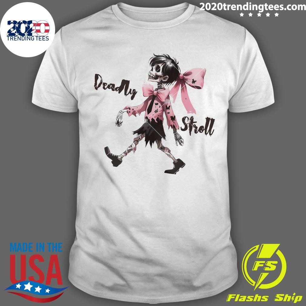 Awesome Deadly Stroll Skeleton Walking Spooky Pink Bow Halloween T-shirt