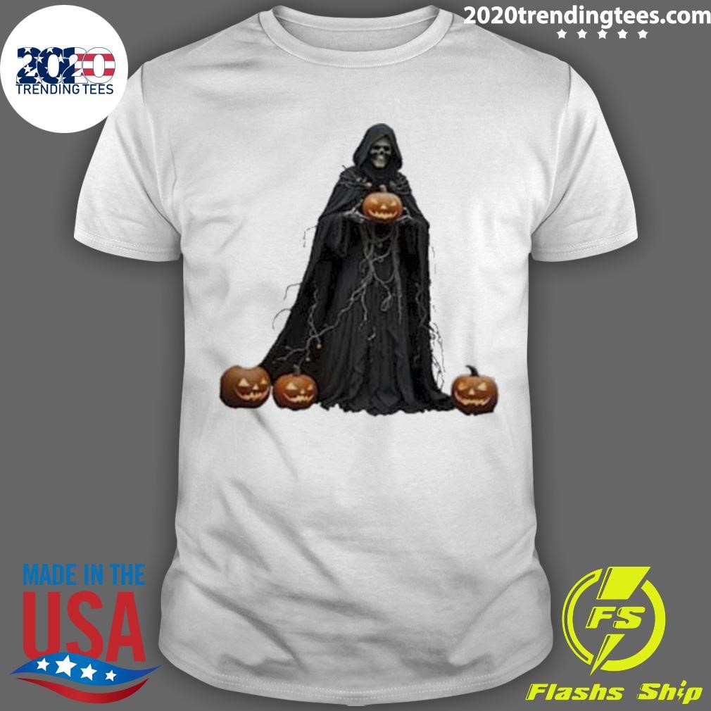 Nice Skeleton Wearing Black Hooded Cloak Cut Out Halloween 2024 T-shirt