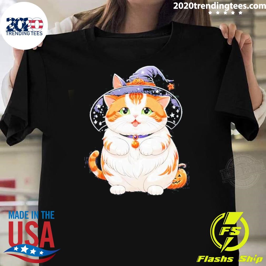 Premium Chubby Cat In Witch Hat Halloween Art Series Adorable Fat Kittens T-shirt