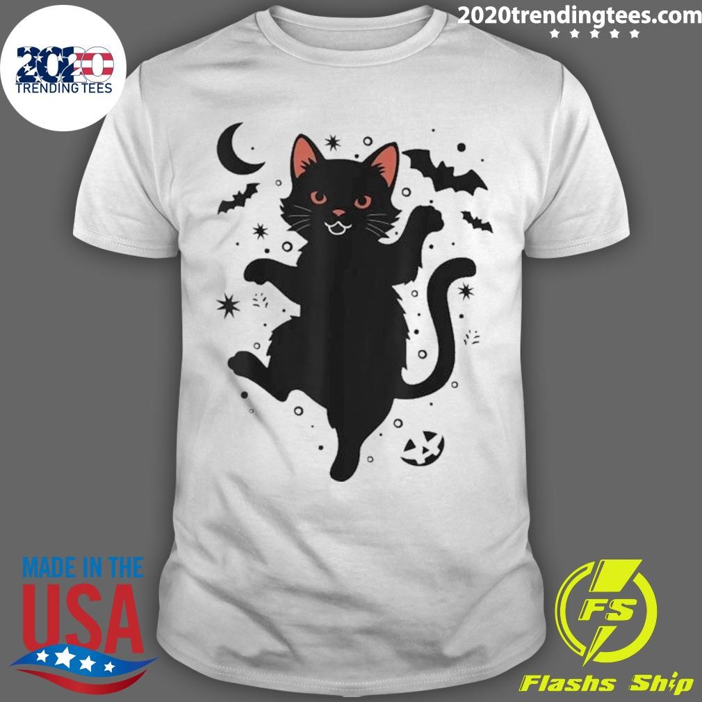 Awesome Starry Retro Halloween Night Black Cat Pumpkin And Bats T-shirt