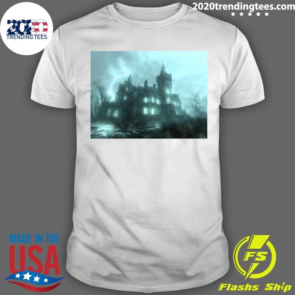 Funny Eerie Haunted Mansion with Illuminated Windows and Stormy Sky - Perfect for Halloween and Horror-Themed Backgrounds T-shirt