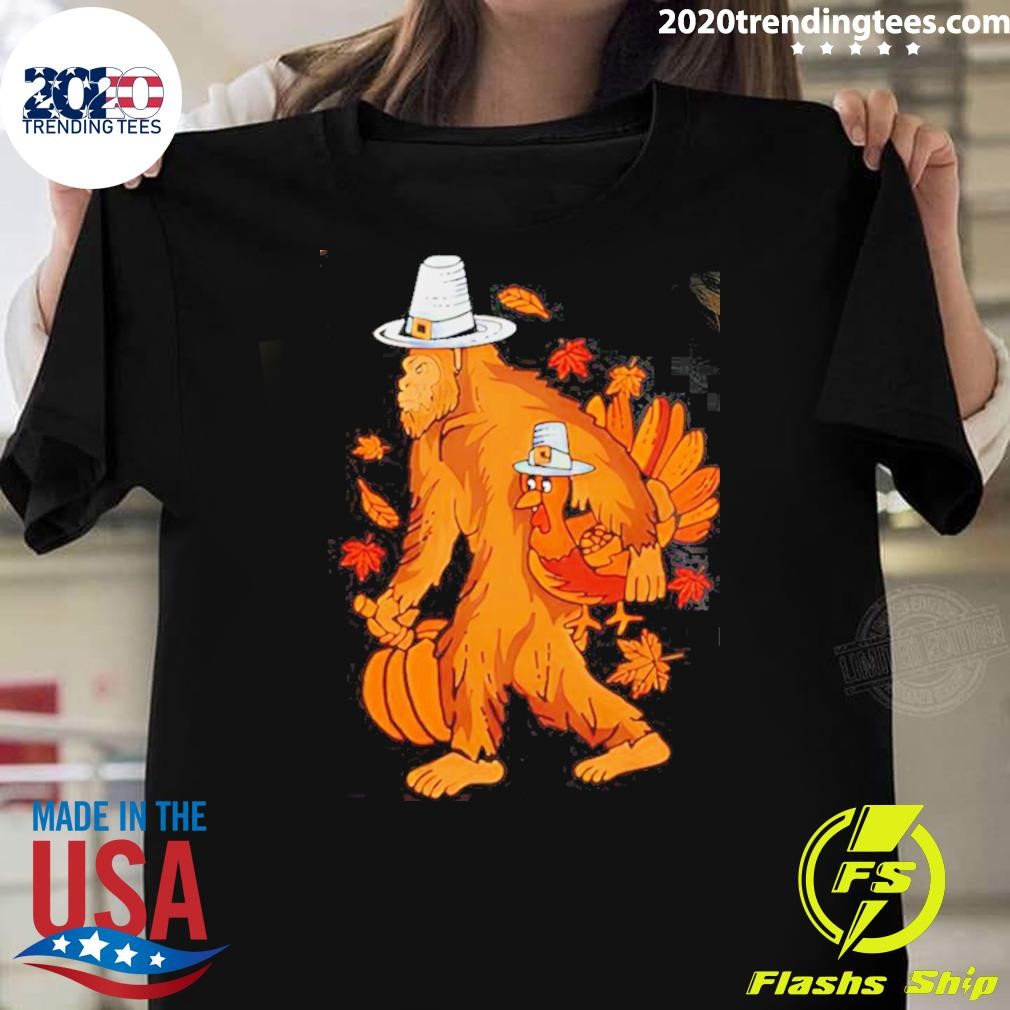 Nice Bigfoot Pilgrim Turkey Pumpkin Sasquatch Thanksgiving T-shirt