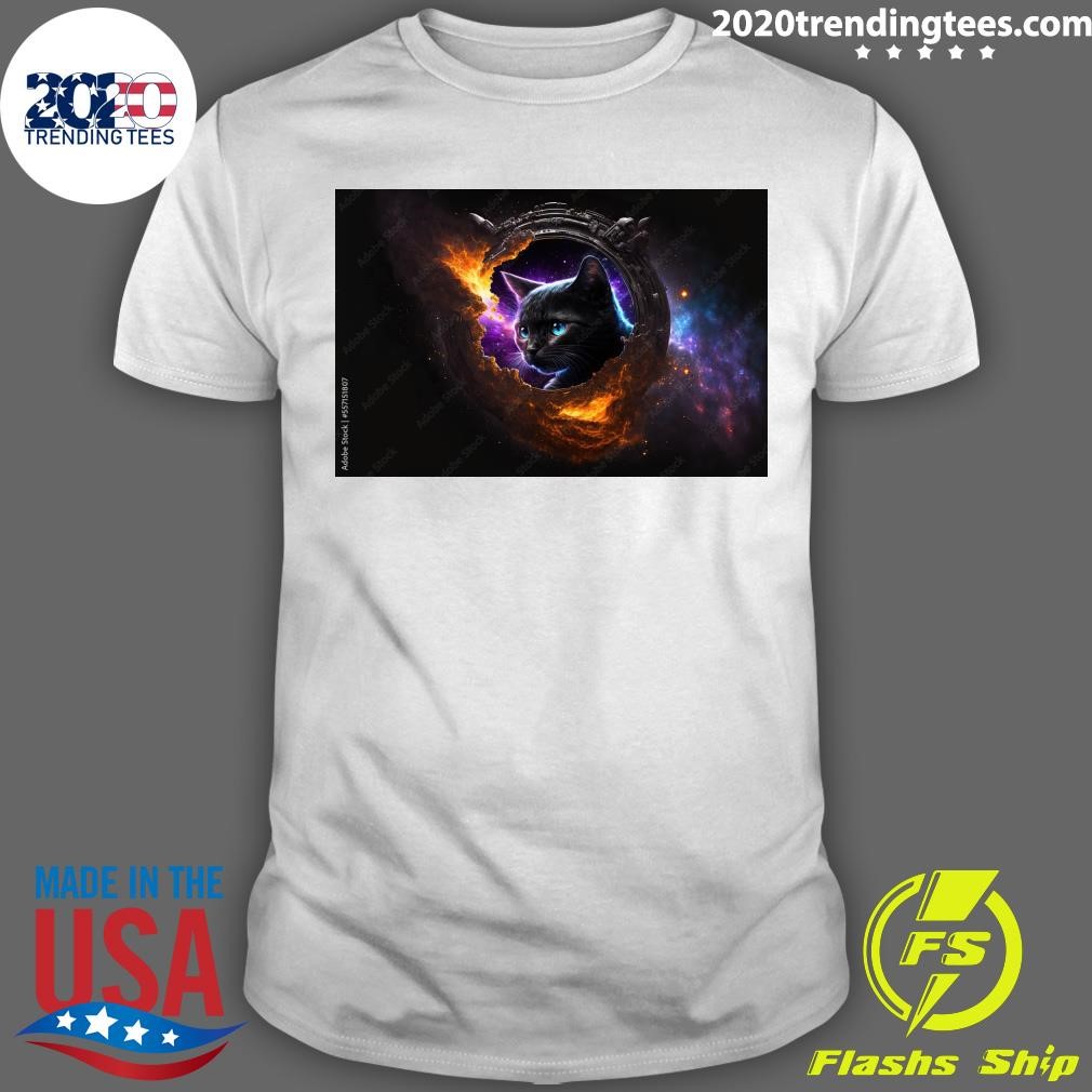 Nice Space Cat Is Watching Into A Luminous Black Hole With Planets And Star In Background Llustration Pro T-shirt