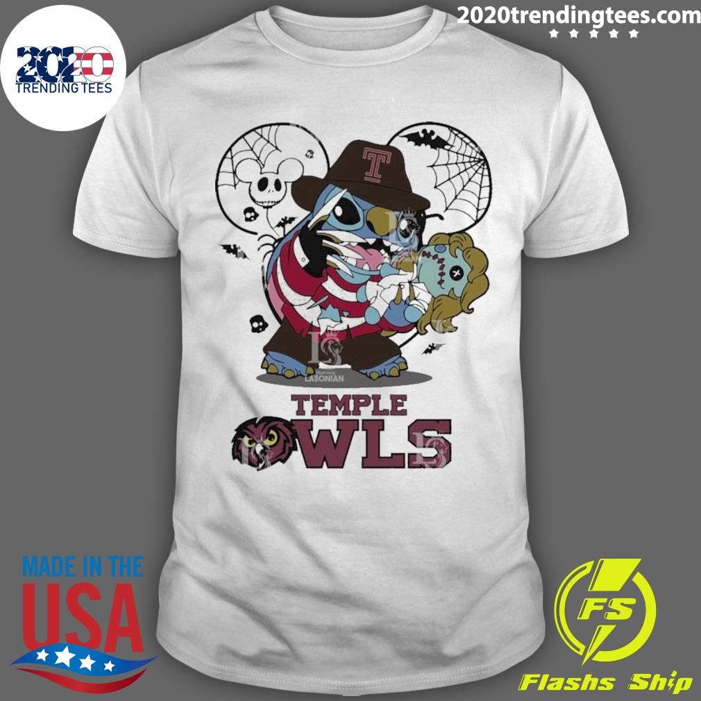 Nice Temple Owls Stitch Freddy Krueger Halloween 2024 T-shirt