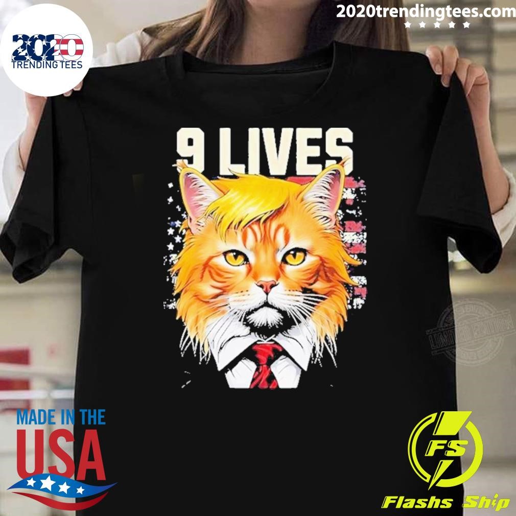 Official Cat In Suite With Trump Hair Nine Lives Usa Flag T-Shirt