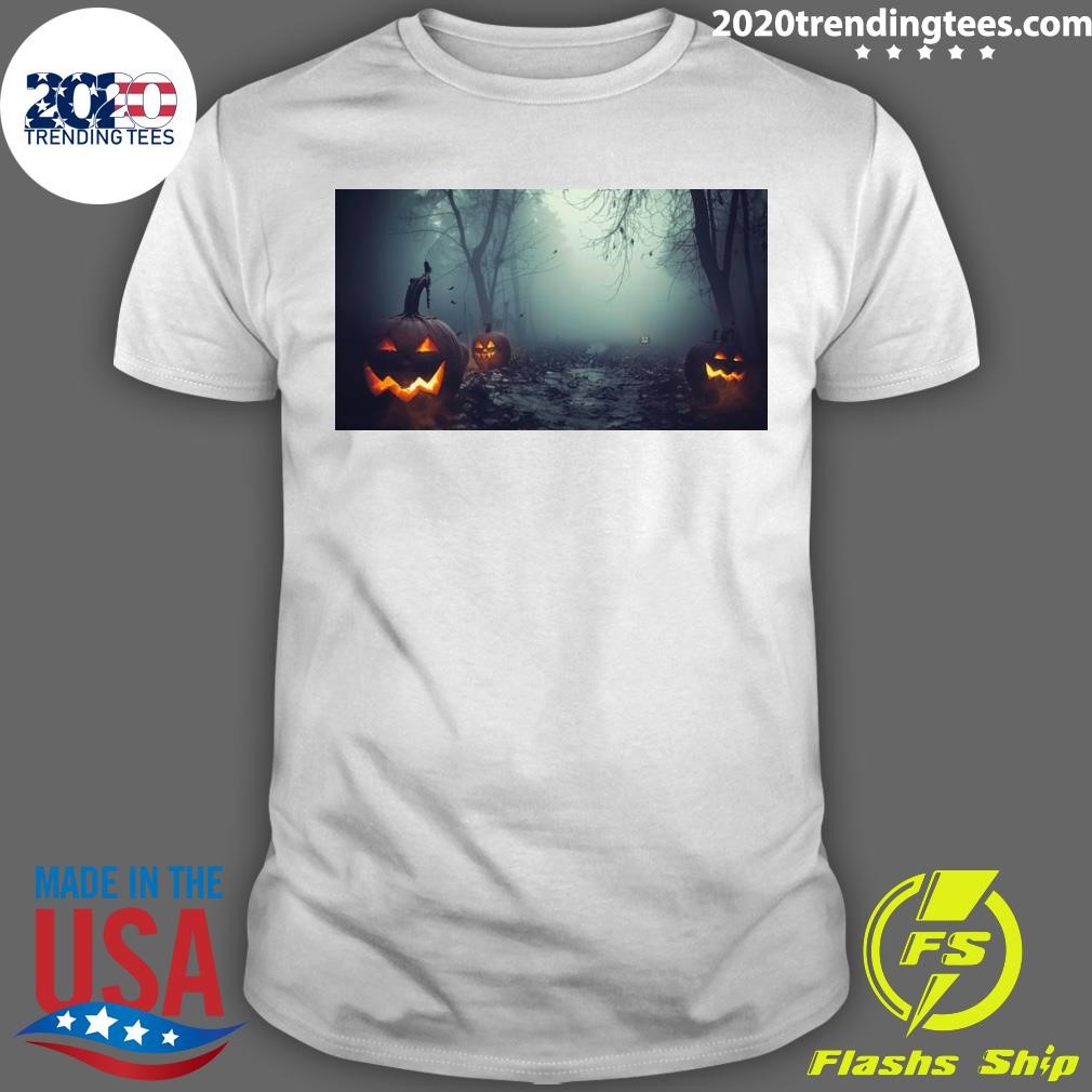 Official Dark, Foggy Forest On Halloween Night With Silhouettes Of Bare Trees T-shirt