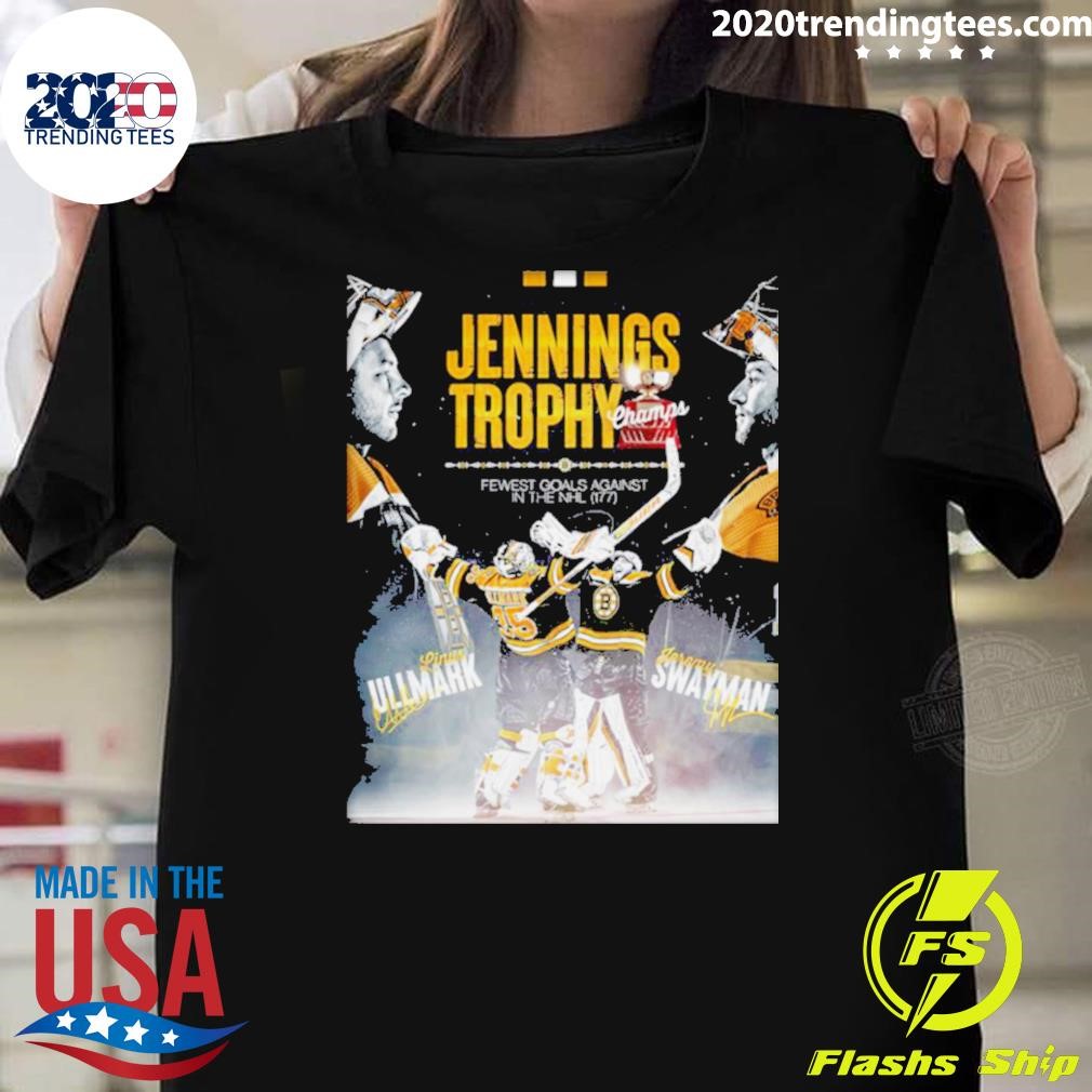 Official Jennings Trophy Champs Fewest Goals Against In The Nhl Linus Ullmark And Jeremy Swayman 2024 T-shirt