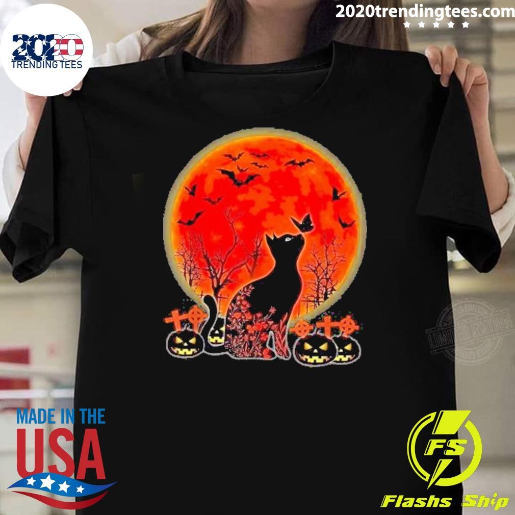 Premium Black Cat Halloween Pumpkin Moon Spooy 2024 T-shirt