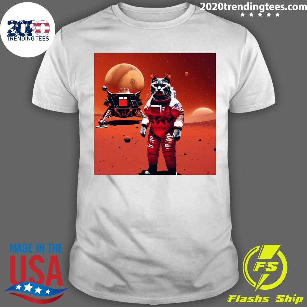 Premium Cat in Business Suit on Mars with Lunar Lander, Red Dust Storm T-shirt