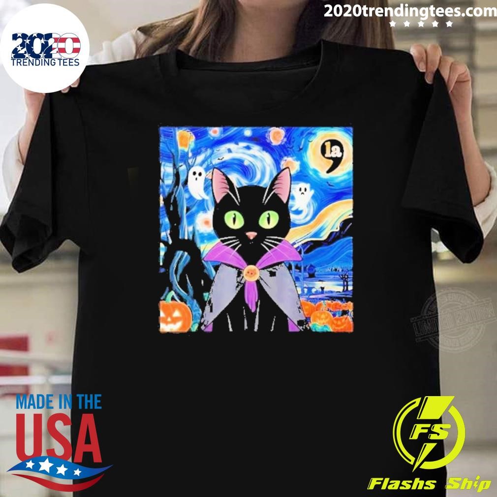 Premium Halloween Starry Night Cat Comma La Kamala Harris 2024 T-shirt