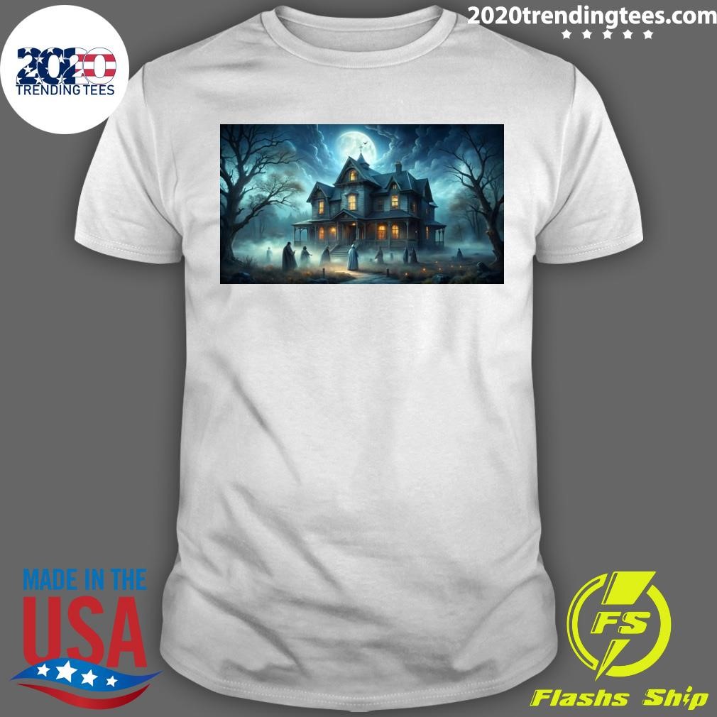 Premium Spooky Haunted House With Eerie Atmosphere And Ghostly Figures Inside T-shirt