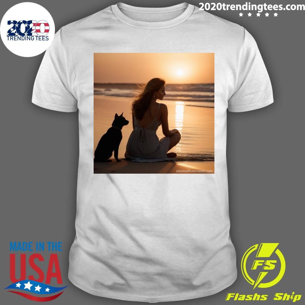 Premium Woman, Partner, Dog, and Cat Watching Sunset T-shirt