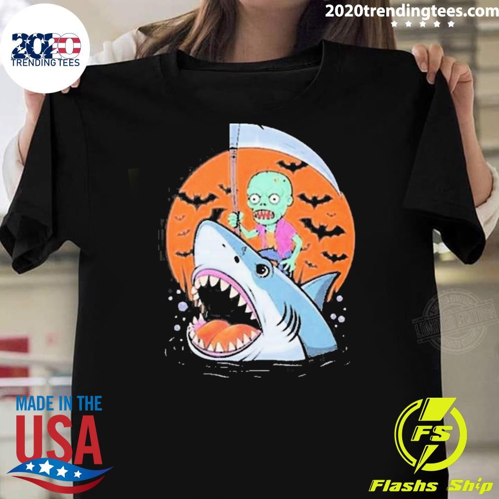 Premium Zombie Riding A Shark Funny Halloween Undead 2024 T-shirt