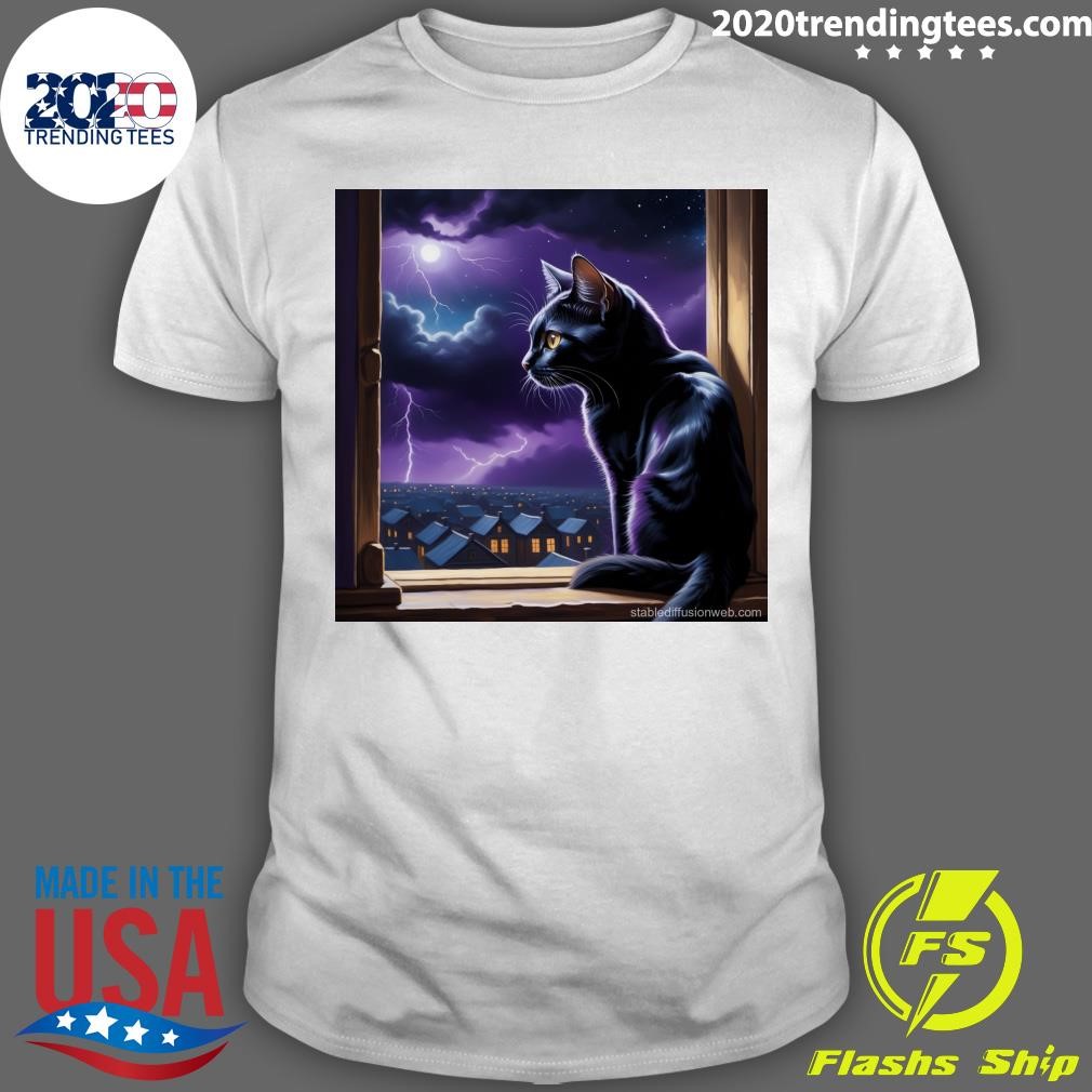 Top Black Cat's Cosmic Vigil A Thunderstorm Night T-shirt